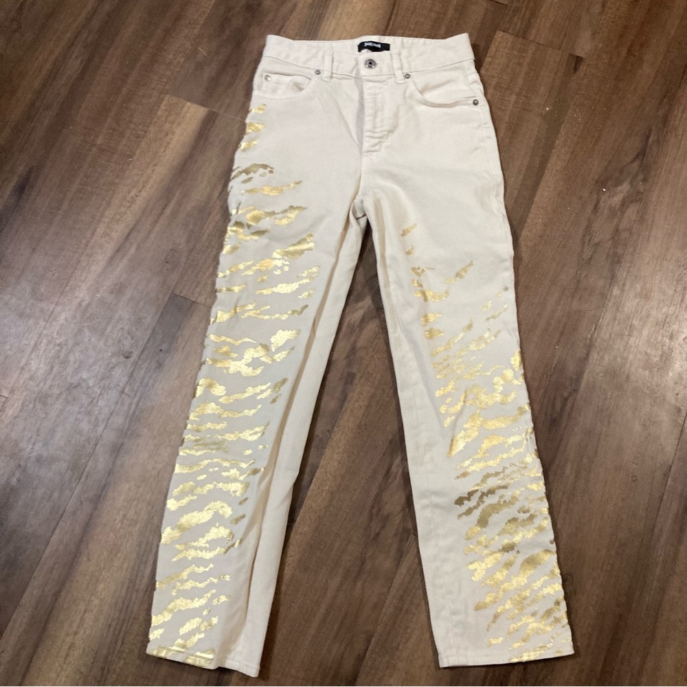Vintage Roberto Cavalli White Zebra Gold Foil Pants Sz 26 - Picture 2 of 8